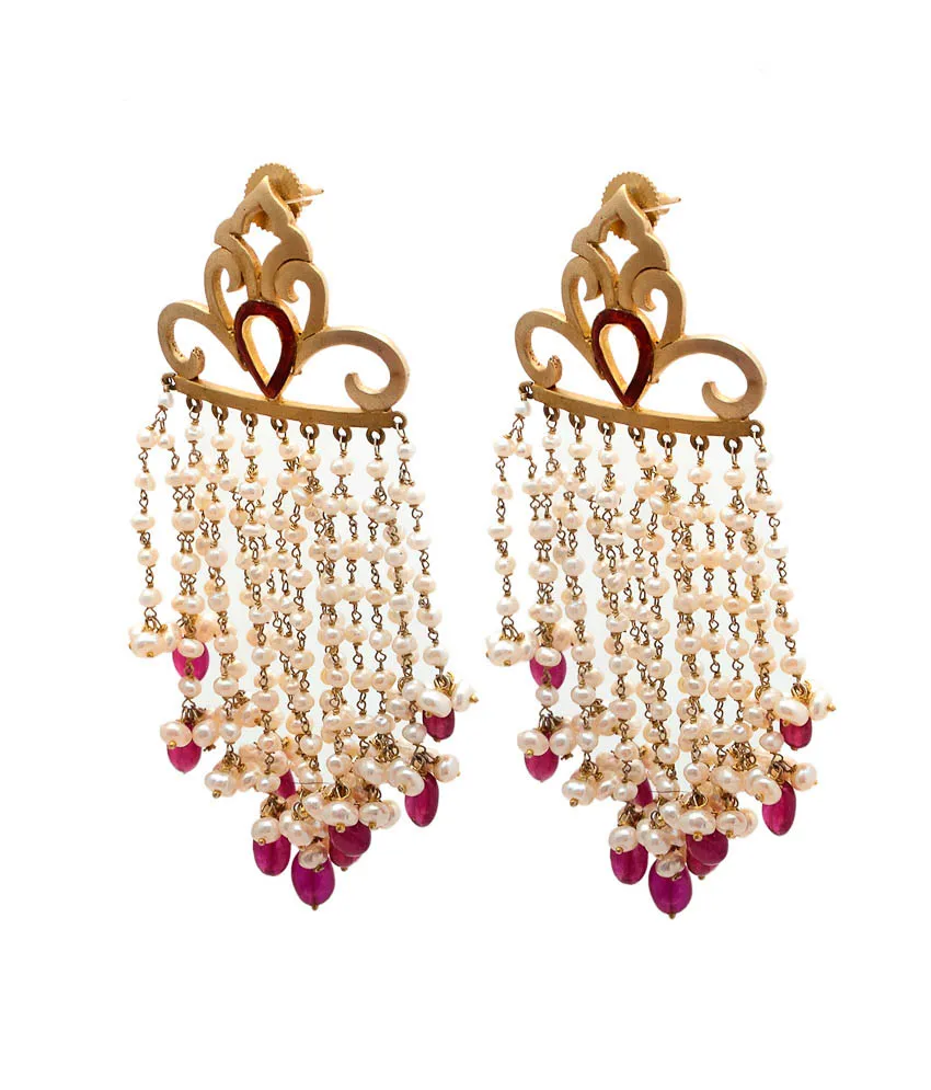 Pearl fringe chandelier earrings seen from the side