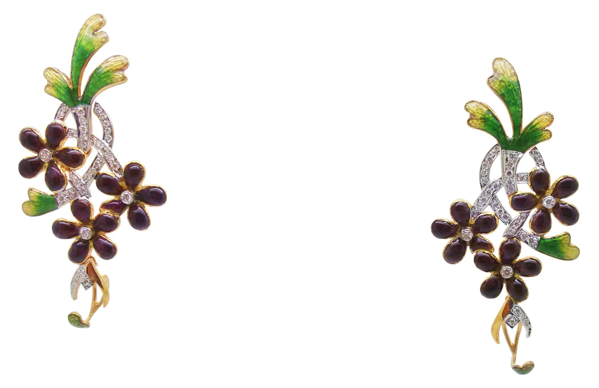 Matching plum flower earrings with diamond-set sprays
