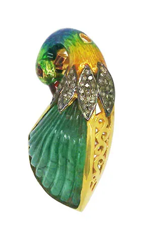 Carved green peacock pendant, alternate view