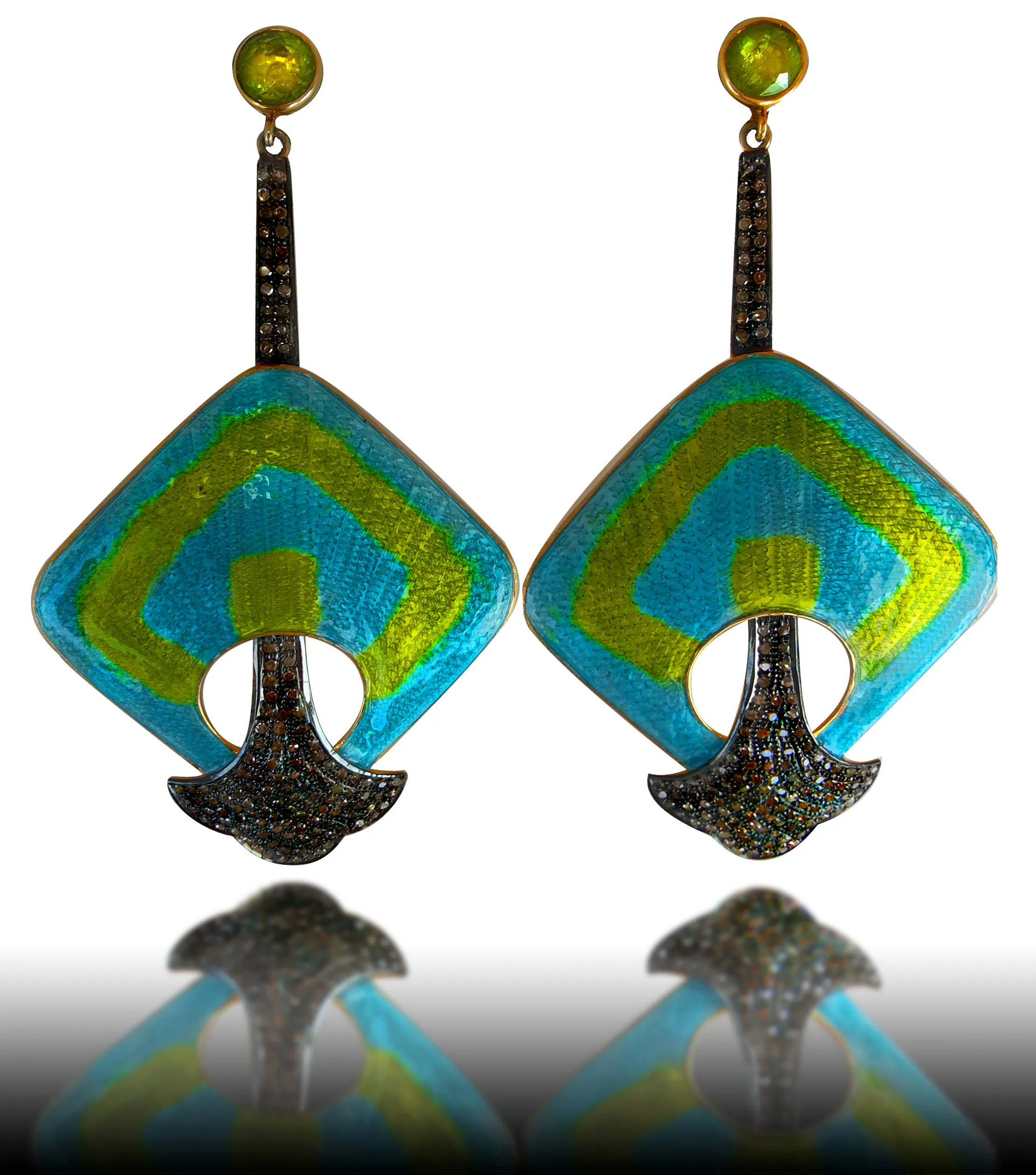 Close view of the square drop earrings showing the enamel gradient and pavé bell