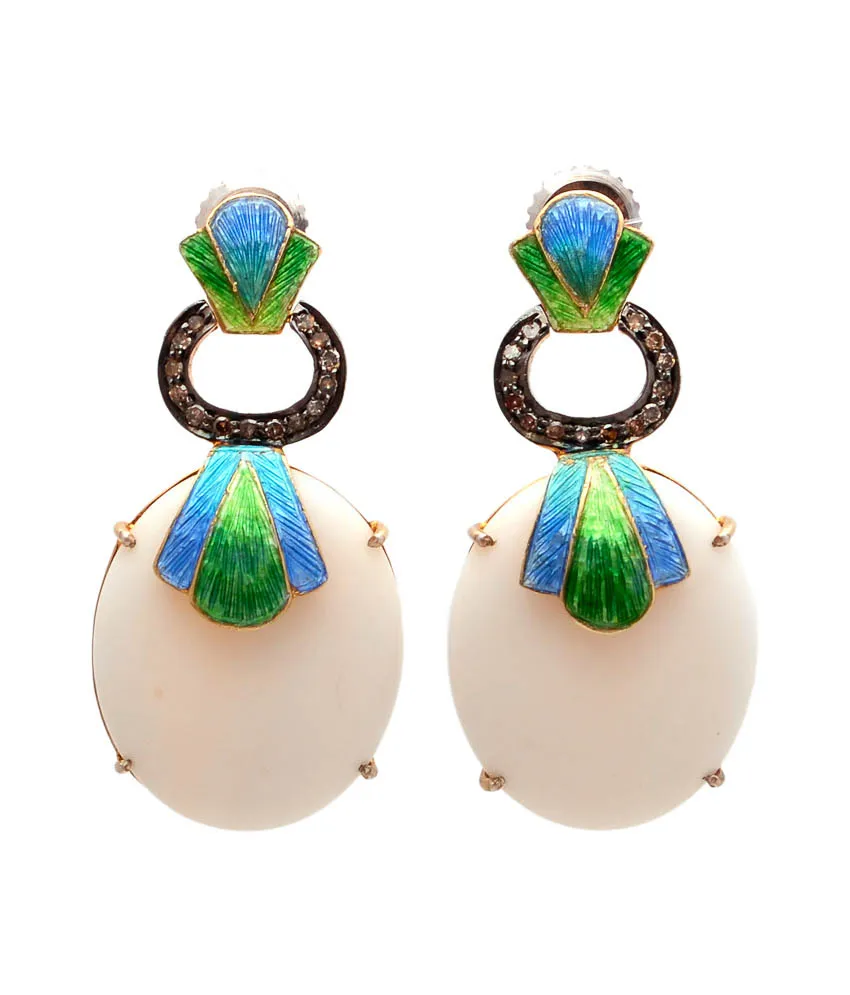 White cabochon earrings, alternate angle