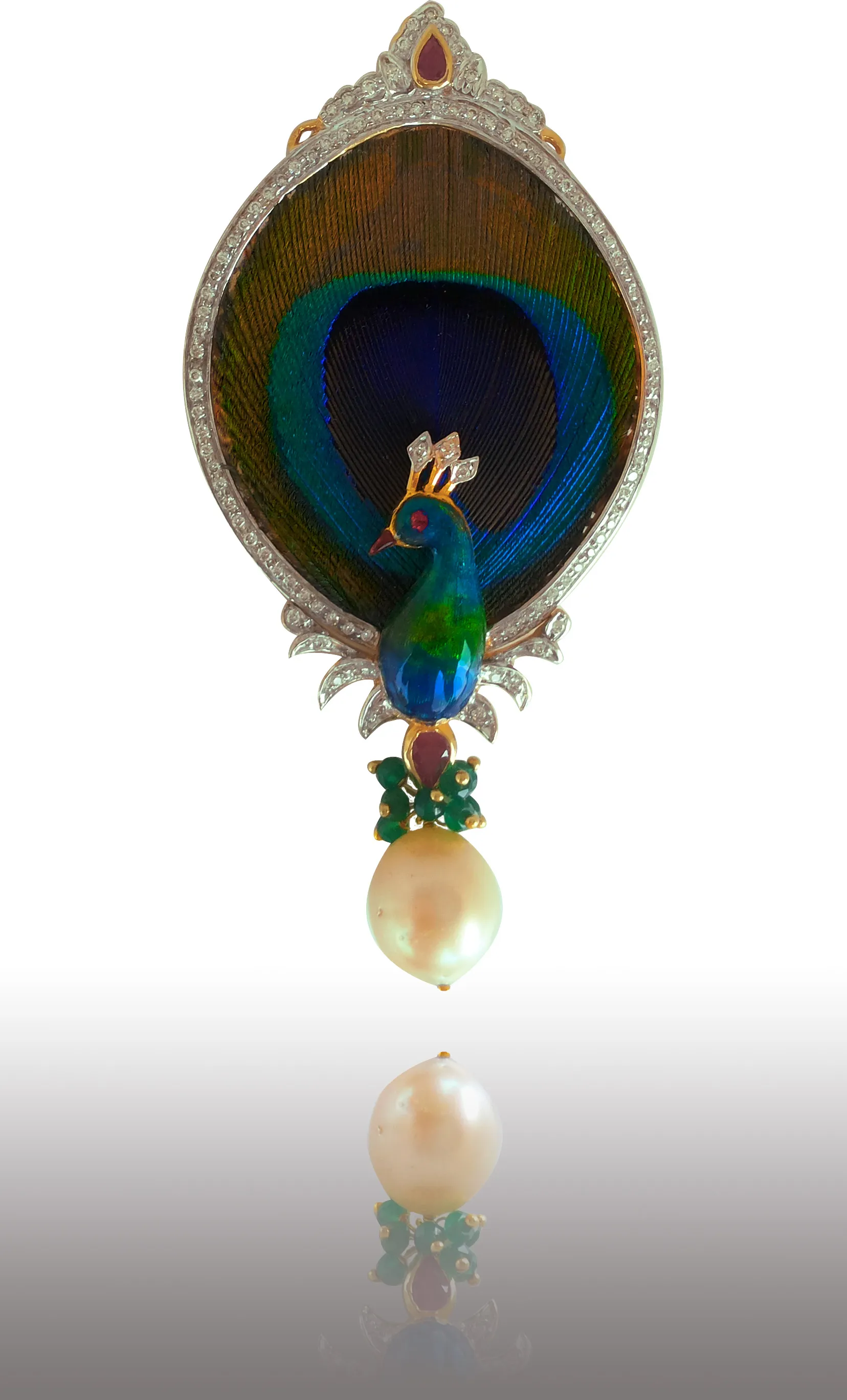 Plume medallion pendant with peacock-feather eye and pearl drop