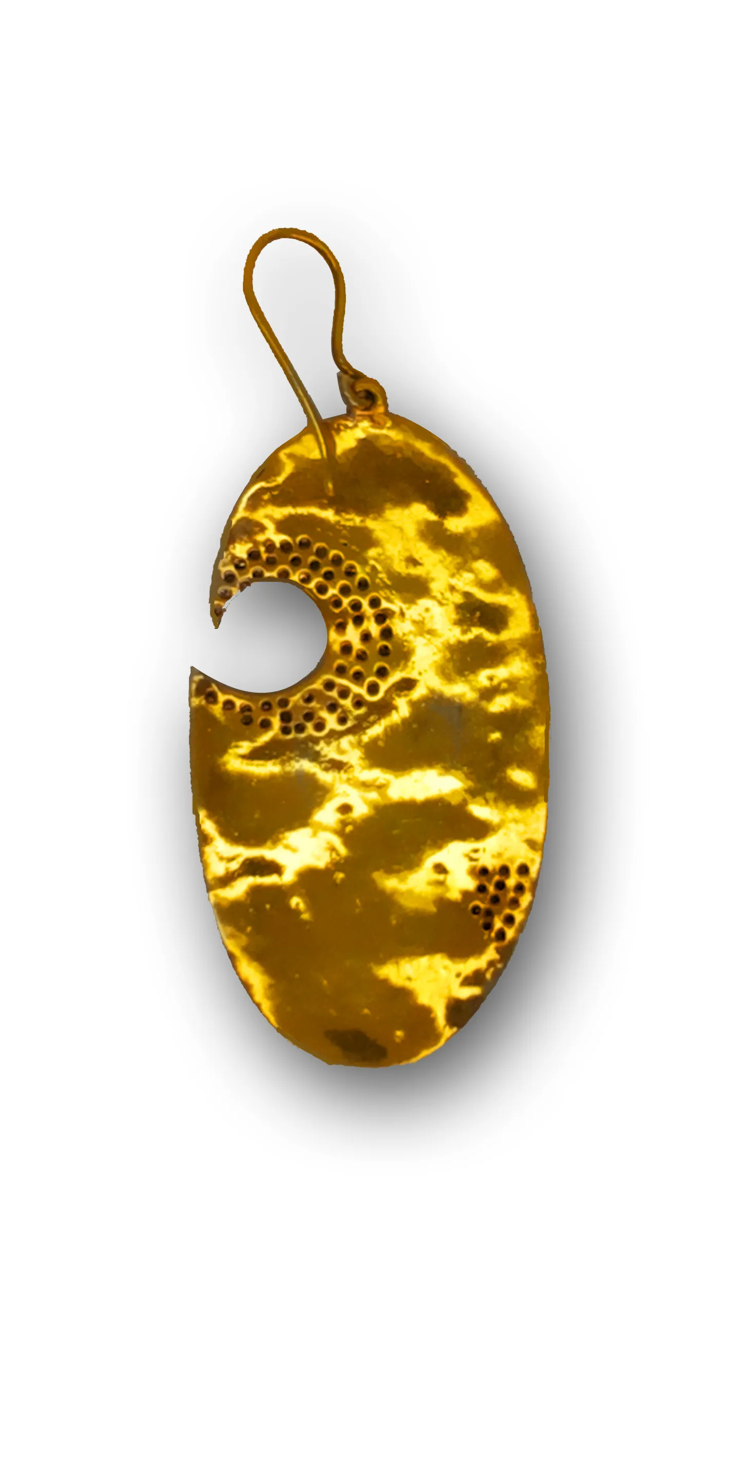 Reverse of the green oval earring showing the hammered gold-toned back