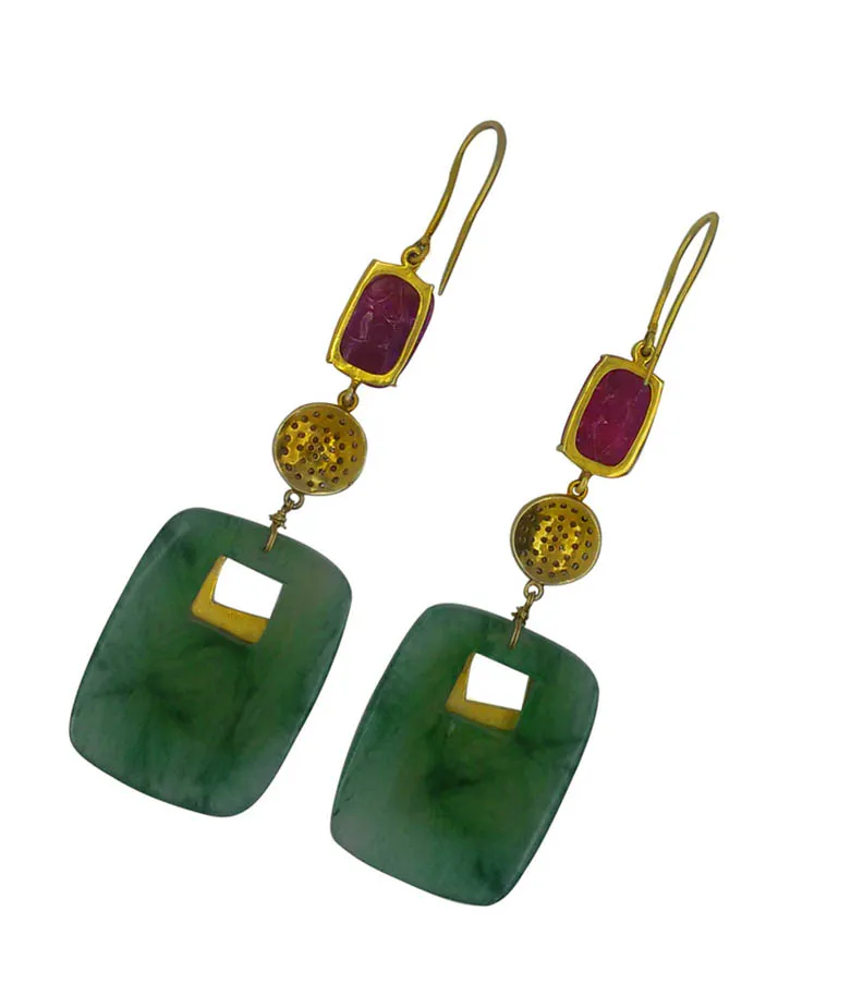 Green stone square earrings, reverse view