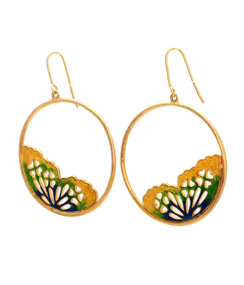 Round butterfly hoop earrings, alternate angle showing the enamel detail