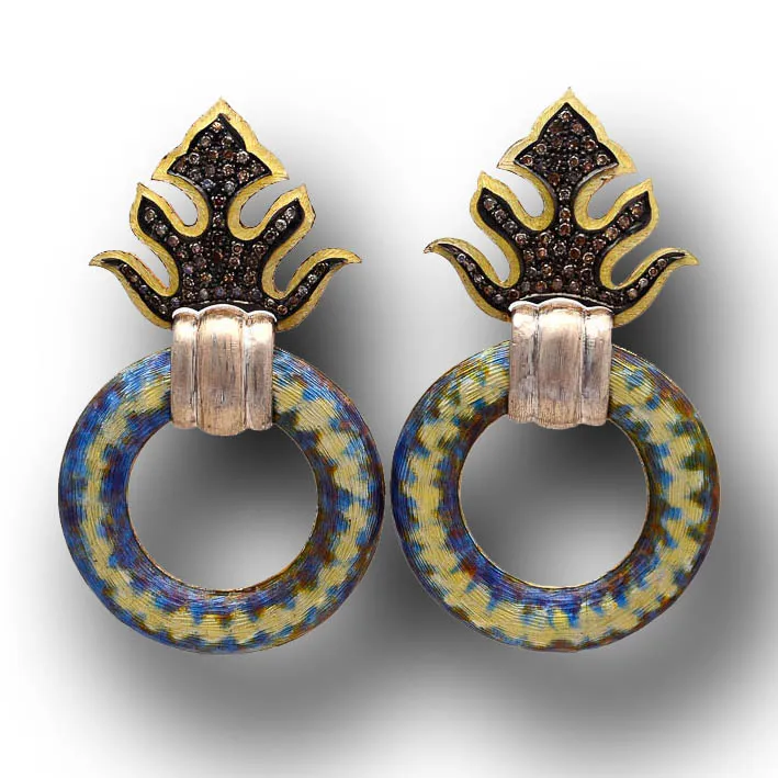 Blue enamel hoop earrings, front view