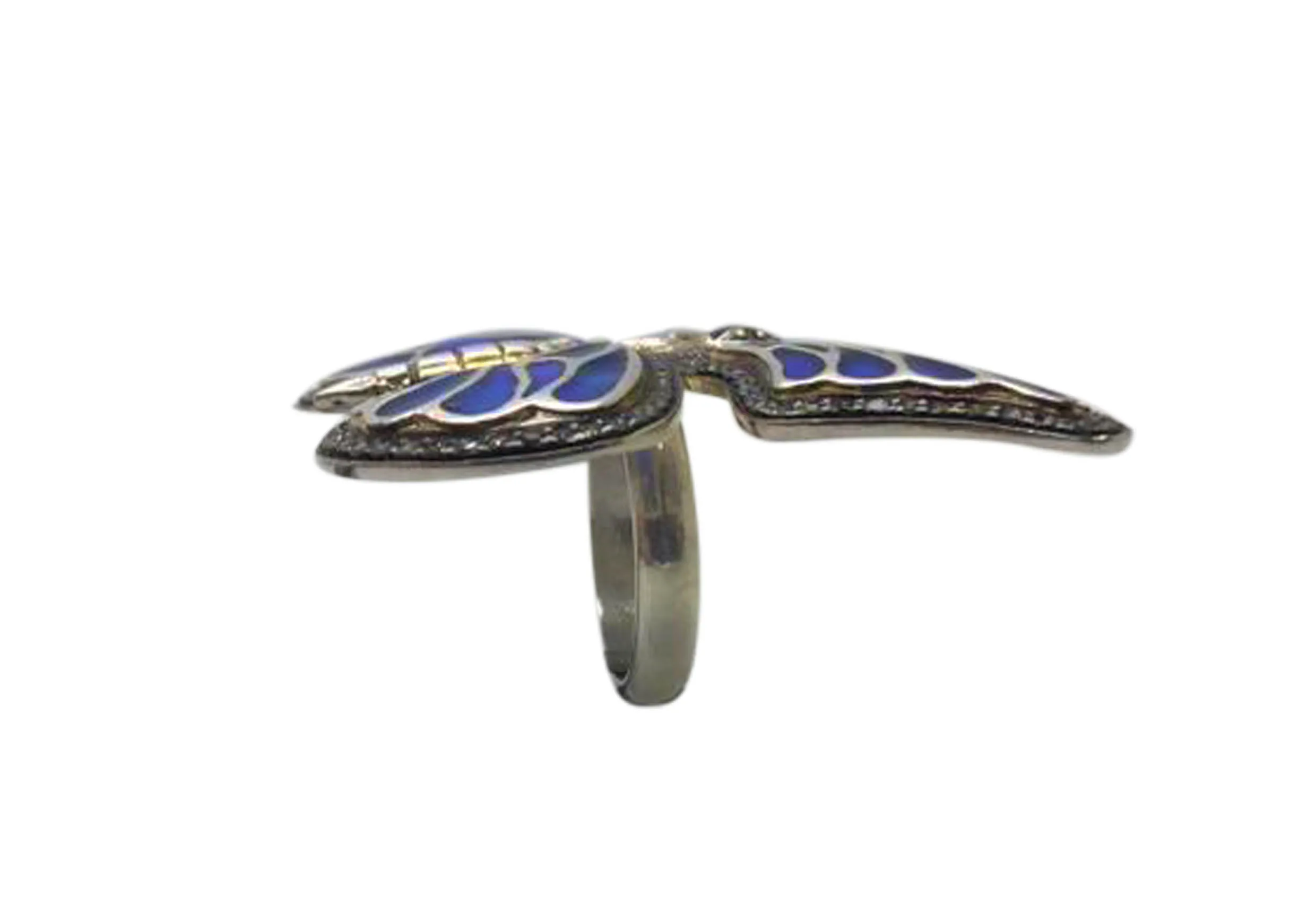 Blue butterfly ring in three-quarter view showing the band beneath the wings