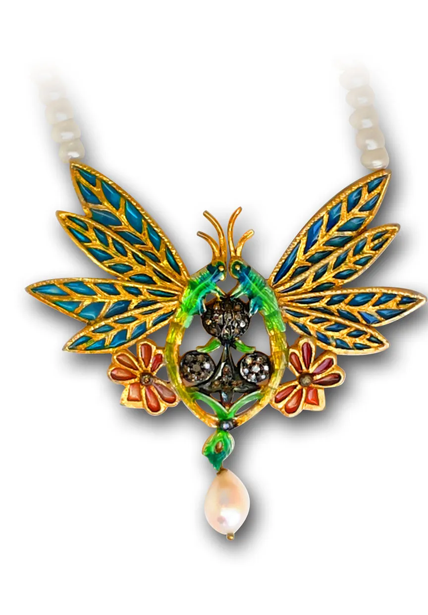 Butterfly pendant, front detail showing wing enamel