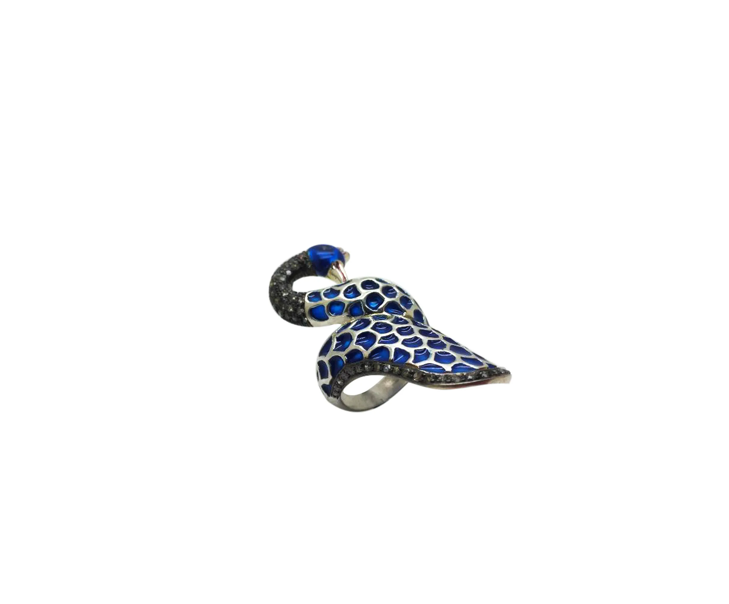 Spotted enamel bird ring, alternate side view