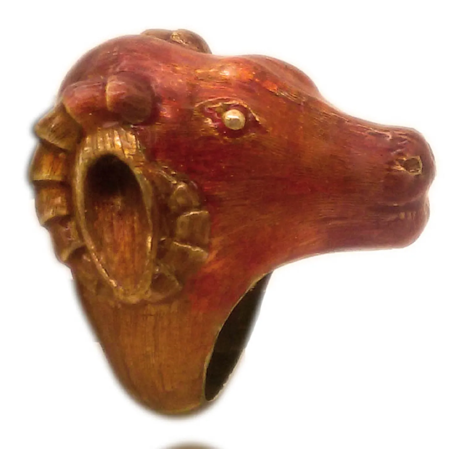 Side profile of the ram’s head ring showing the horn curling over the band