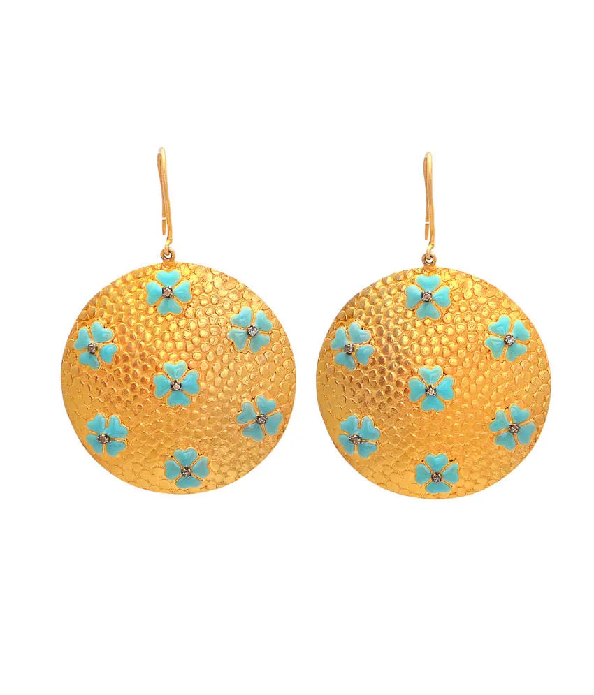 Turquoise blossom disc earrings, front view
