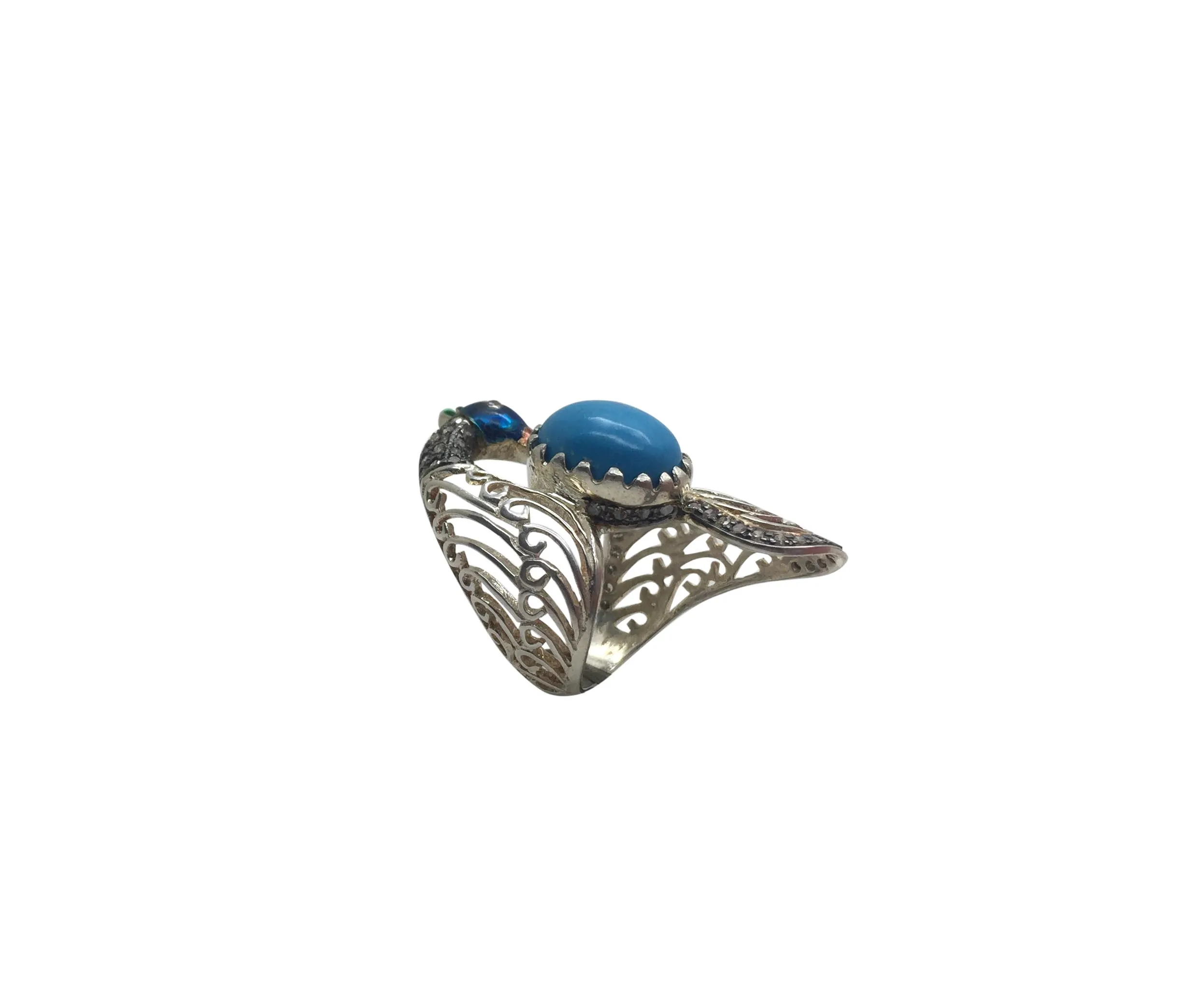 Turquoise peacock ring seen from the filigree side