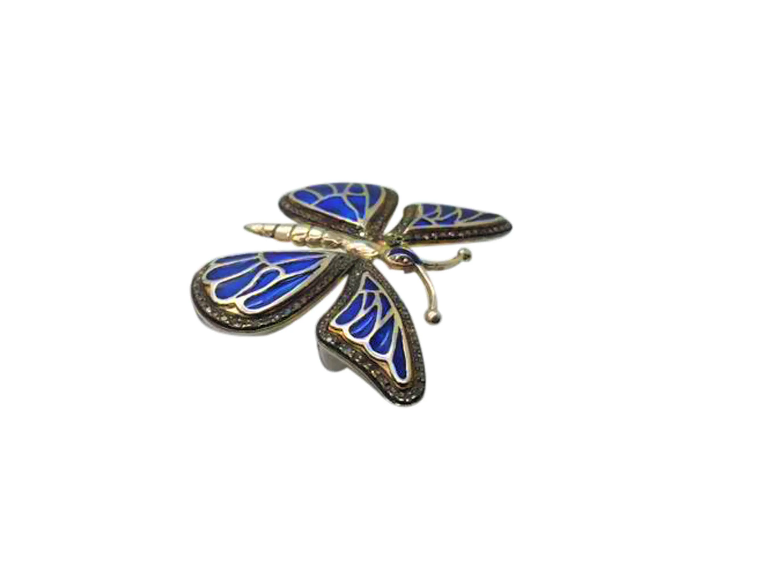 Side profile of the blue butterfly ring with wings angled upward