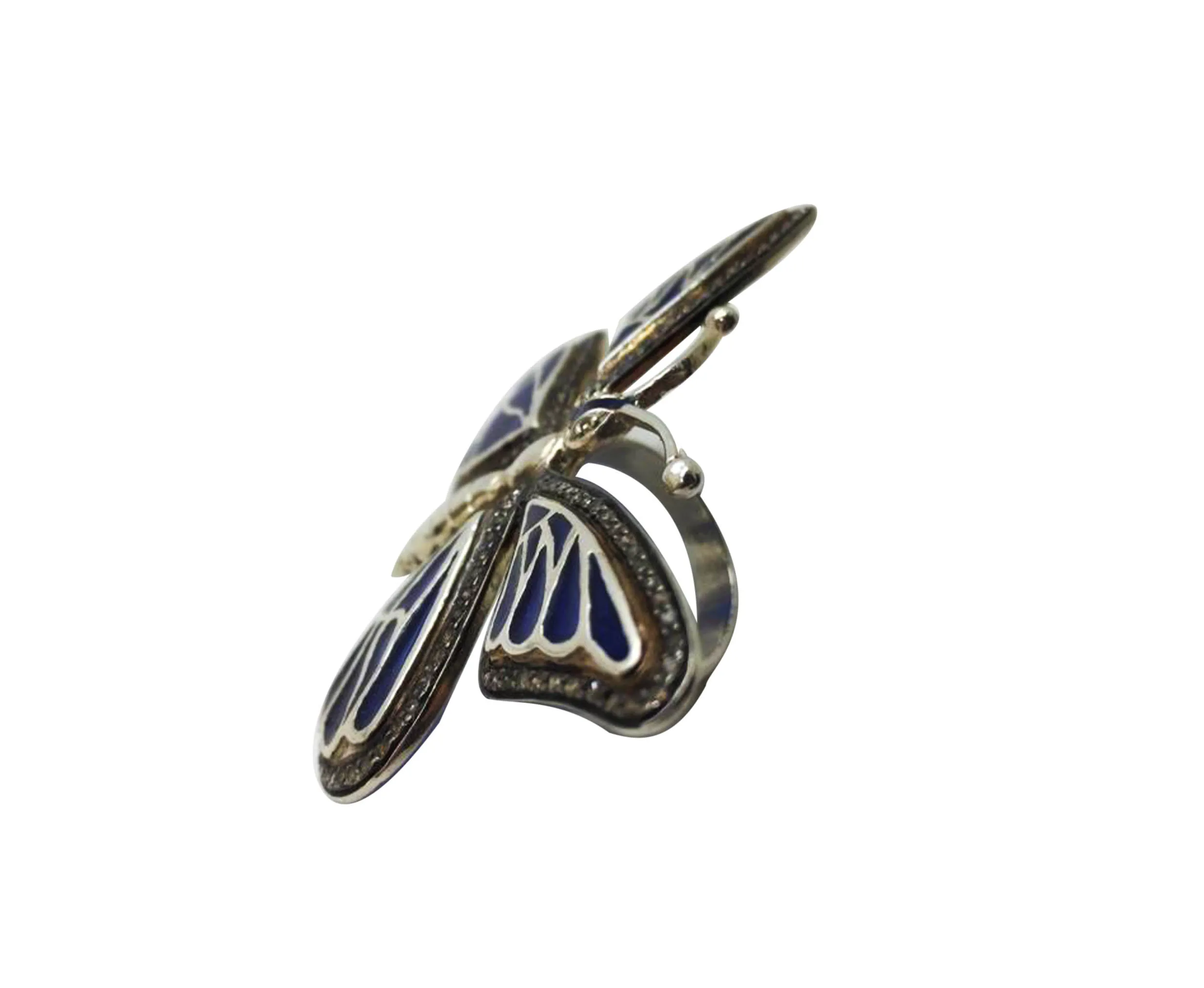 Blue butterfly ring standing upright, seen from the wing tips
