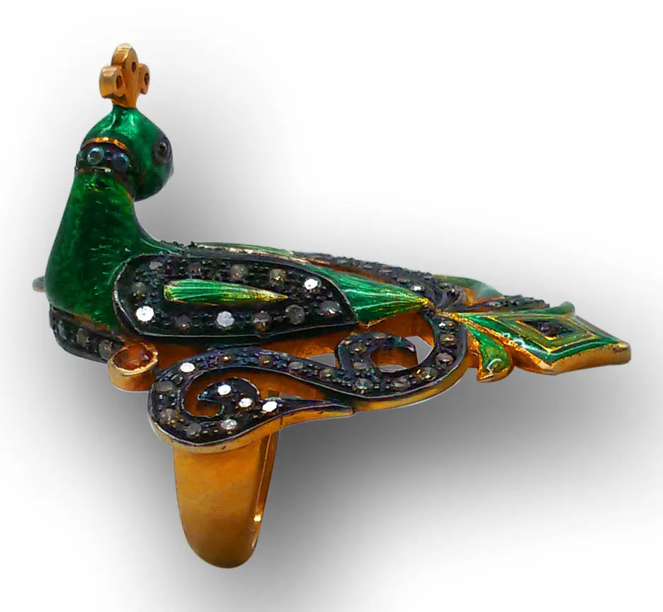 Back view of the grand peacock ring showing the gilded underside