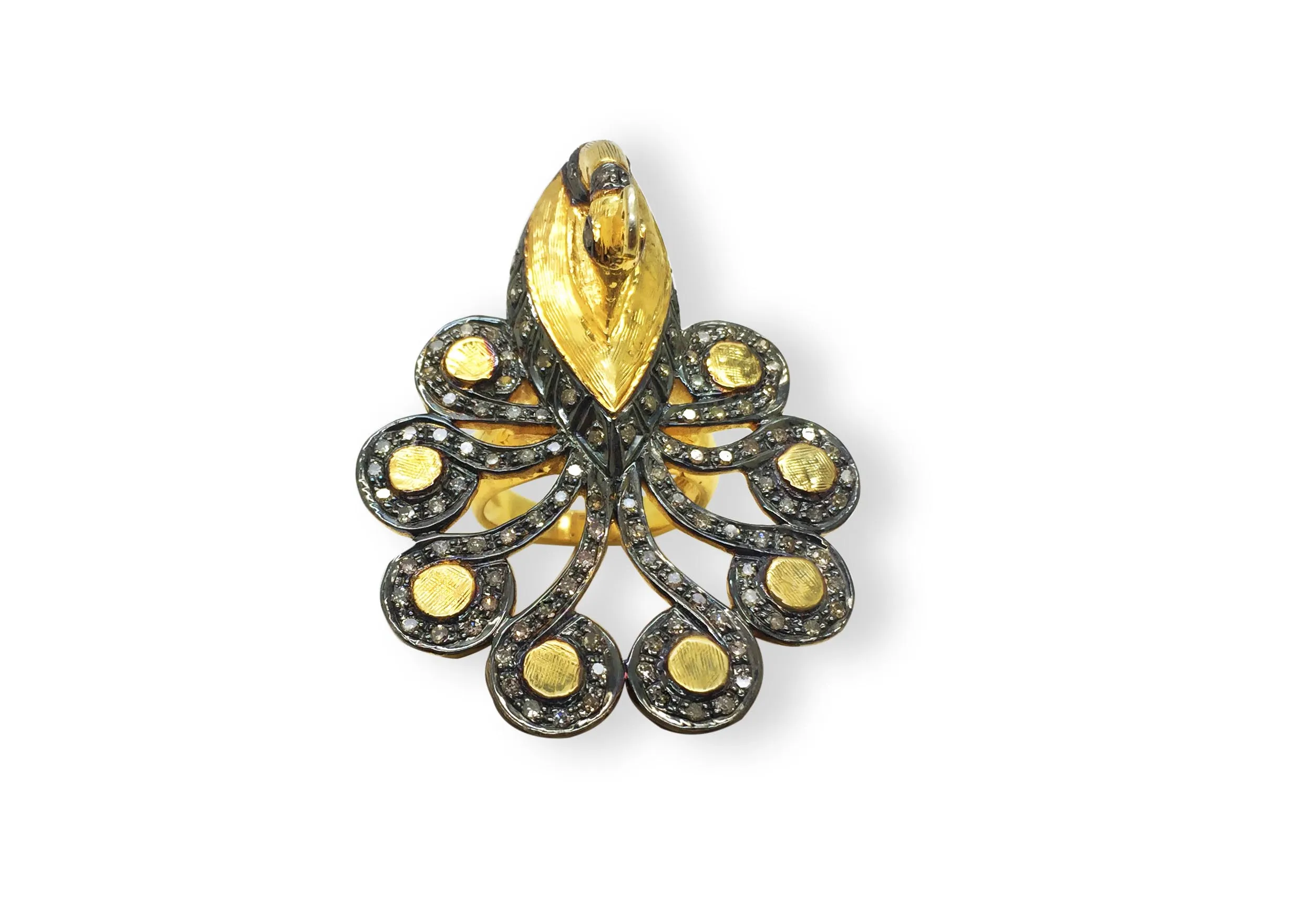 Full view of the pavé blossom ring: eight gilded plumes edged in pavé stones fanning beneath a polished gold bud